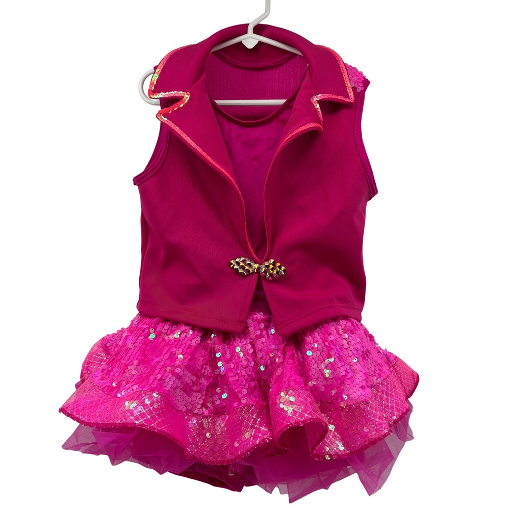 Hot Pink Sparkly Sequin Dance Costume Leotard Tutu and Vest Halloween Dress Up